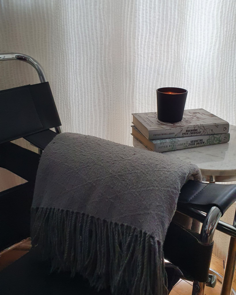 breuer airmchair with blanket, books & candle on the coffee table